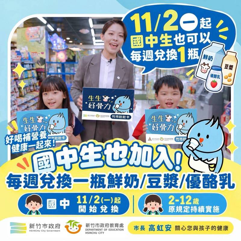 竹市「生生好骨力」11月2日起擴大至國中生 2至15歲每週1瓶營養補給