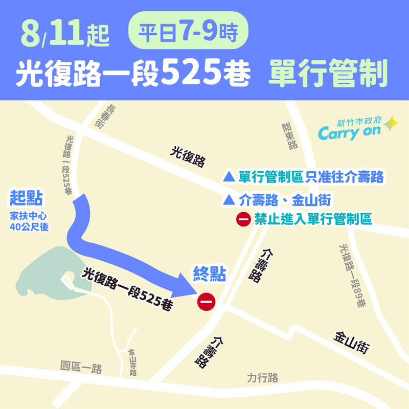 竹科通勤族注意！ 竹市光復路一段525巷8/11起試辦單行道