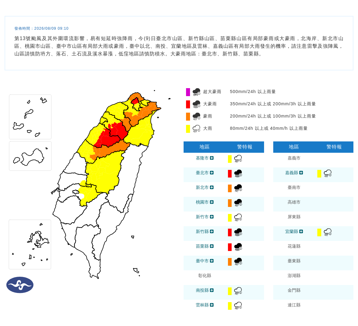 08/09 09:10 發布豪雨特報