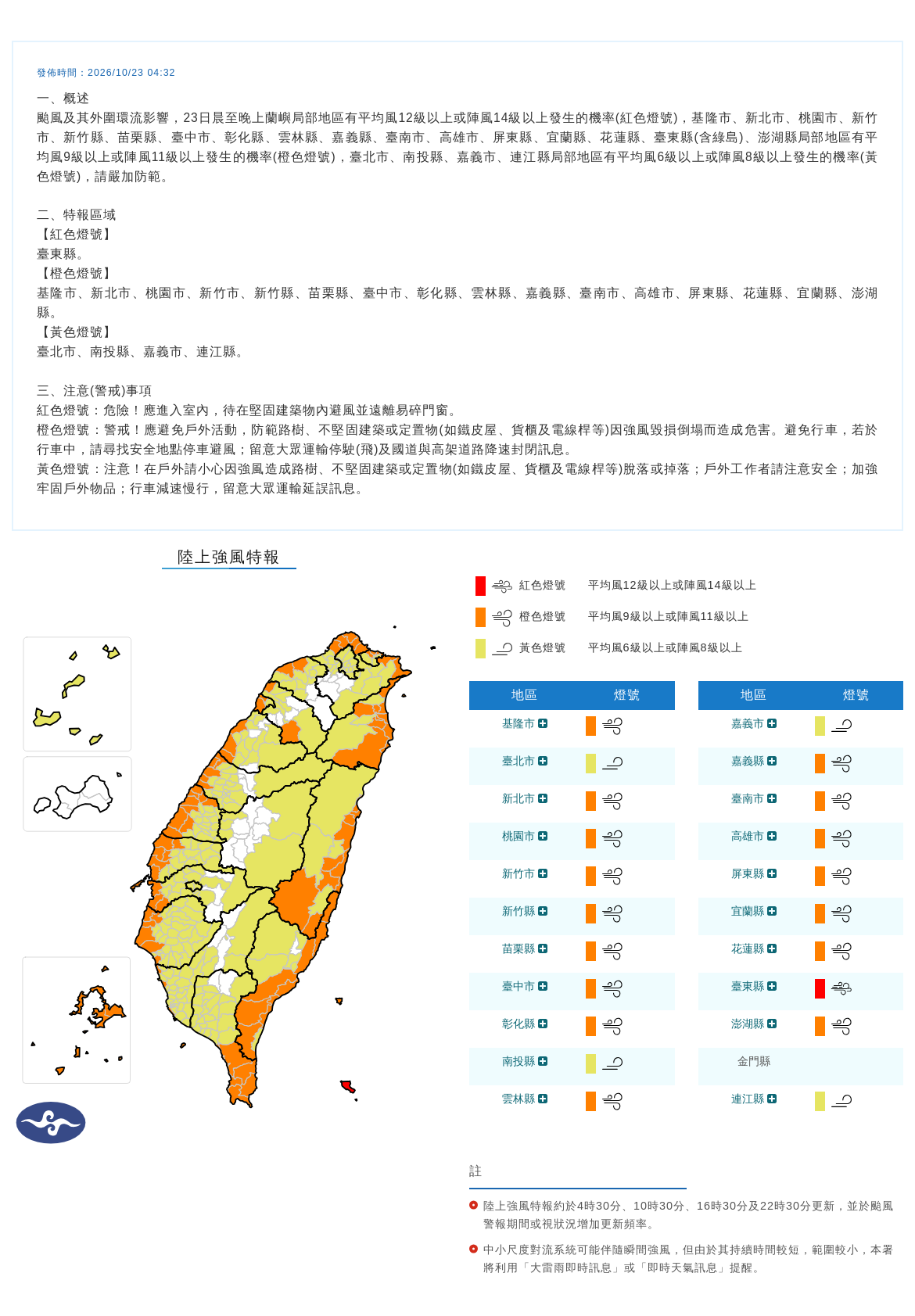 10/23 05:18 發布陸上強風特報