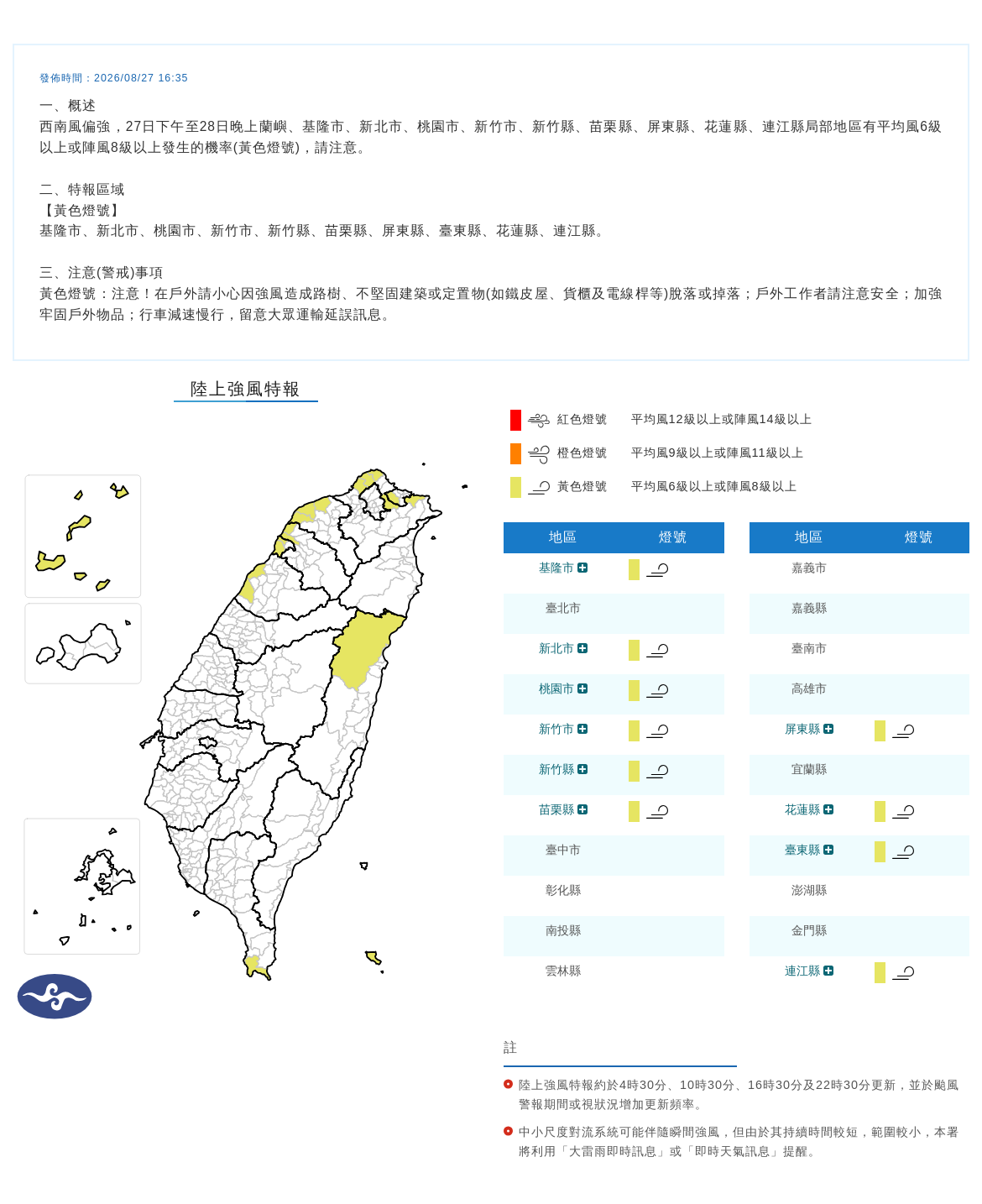 08/27 16:35 發布陸上強風特報
