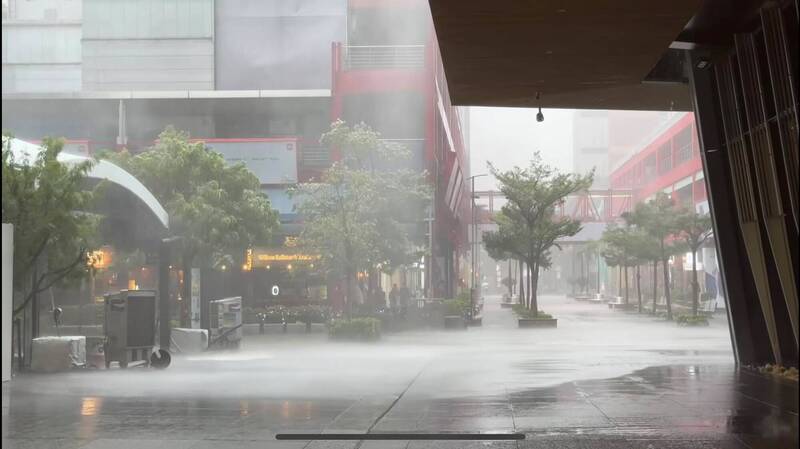 白海豚發威了！ 北市信義區狂風大雨 路人險被吹走