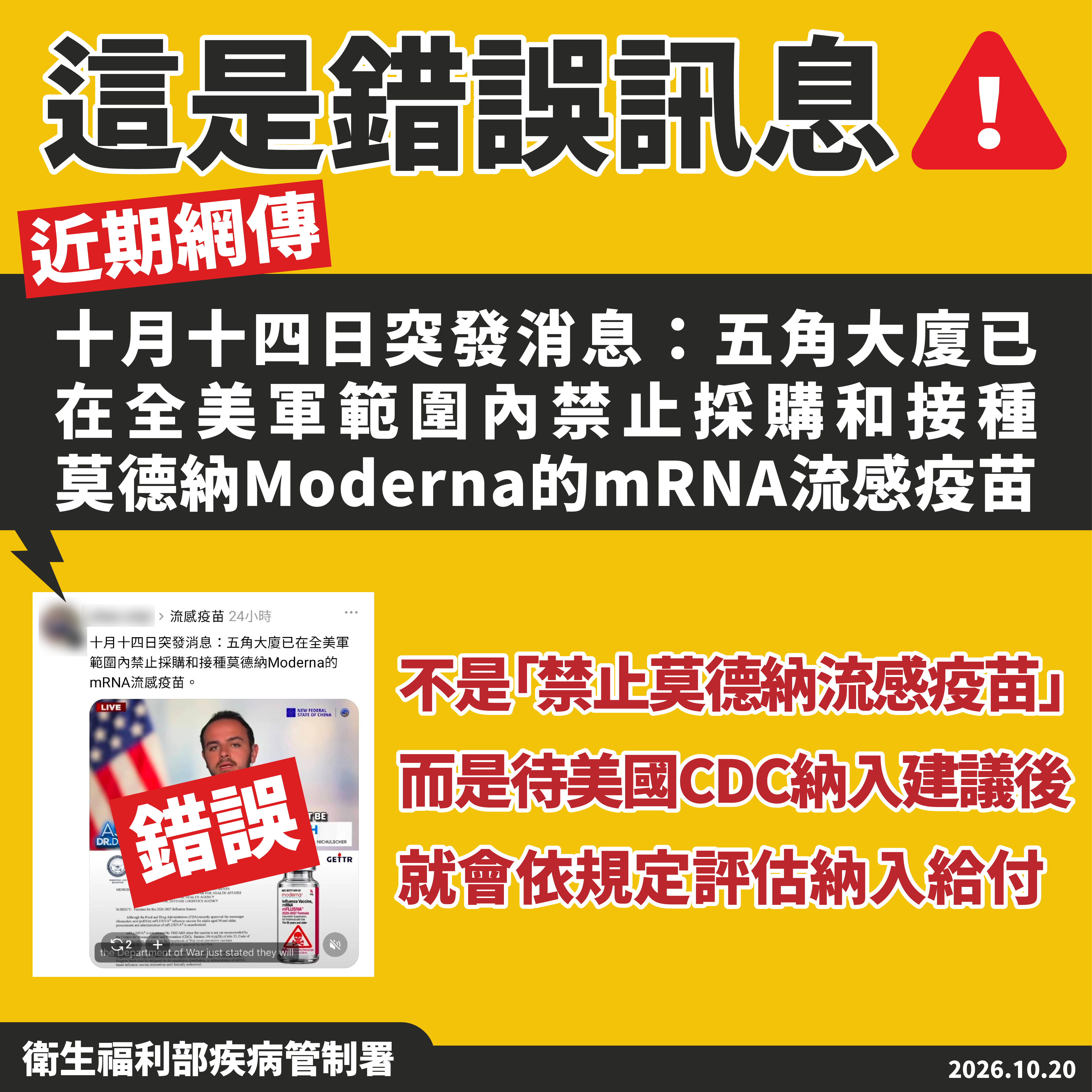 疾管署澄清網傳「十月十四日突發消息：五角大廈已在全美軍範圍內禁止採購和接種莫德納Moderna的mRNA流感疫苗」，為錯誤訊息並非事實，請民眾勿信勿轉傳