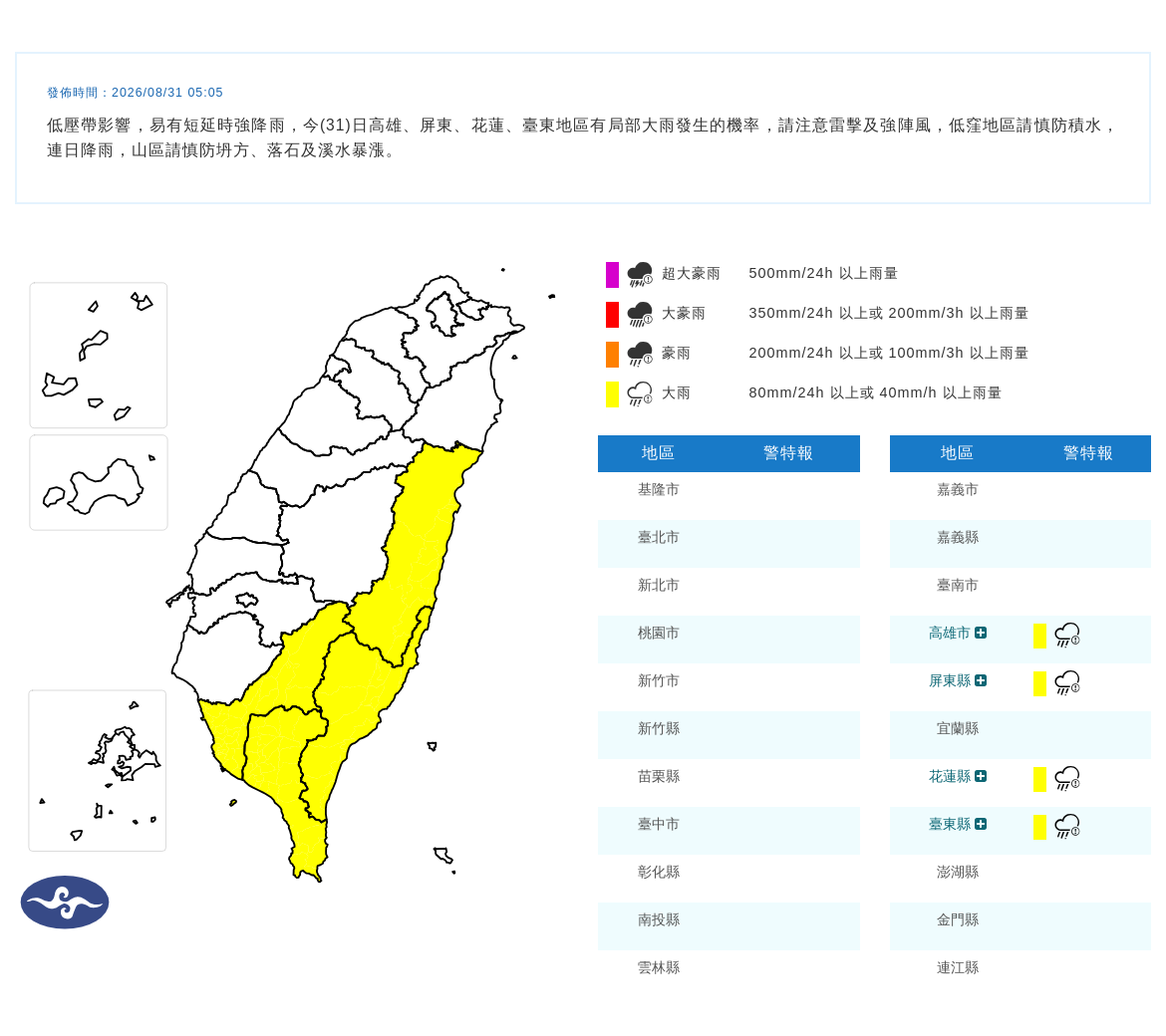 08/31 05:05 發布大雨特報