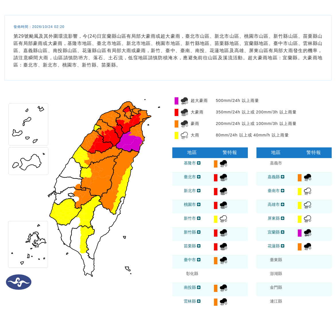 10/24 02:20 發布豪雨特報