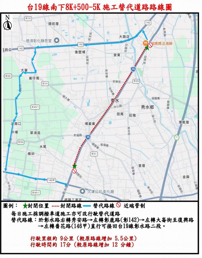 注意！彰縣彰水路8/12~8/19路面施工 替代道路曝