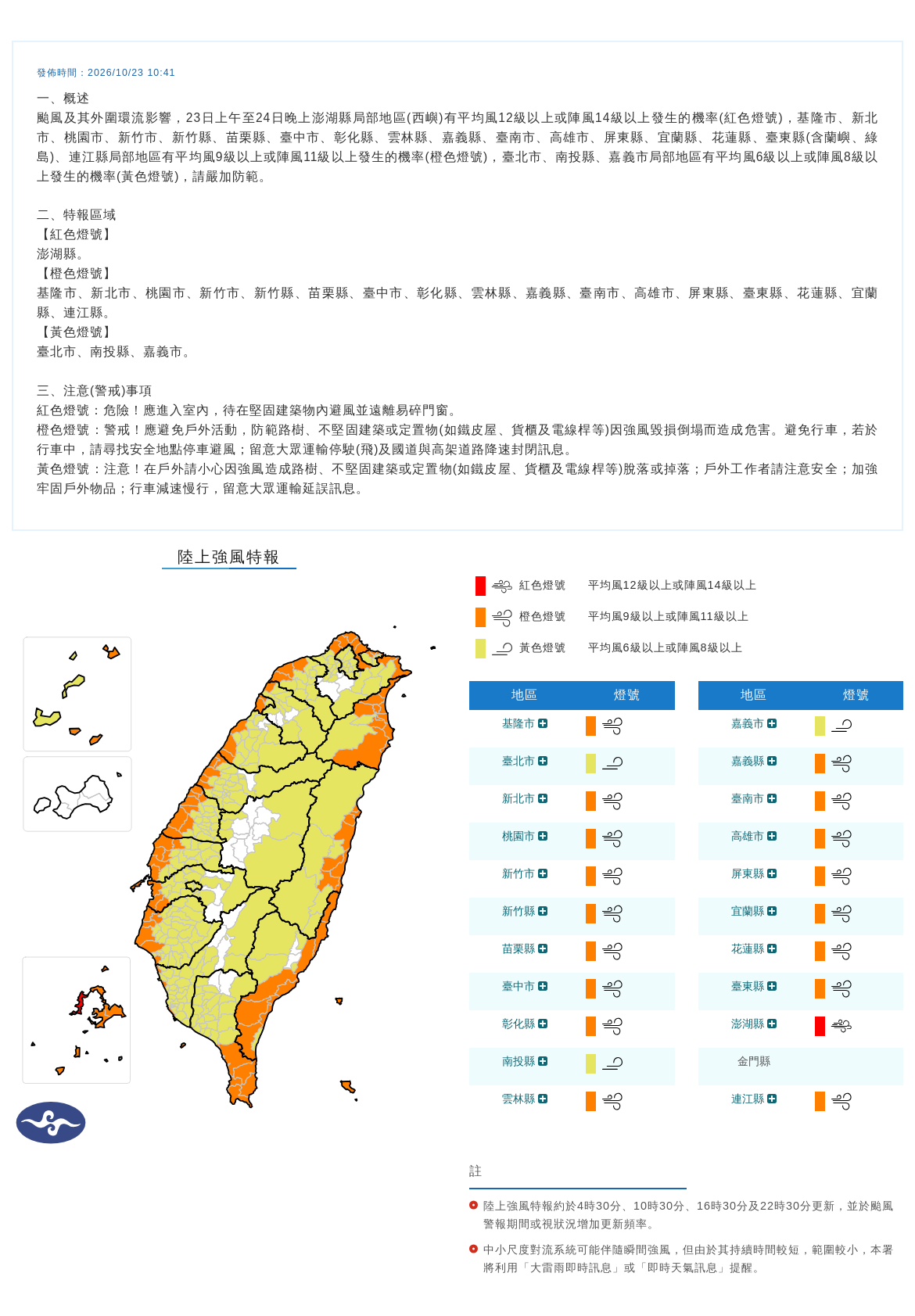 10/23 10:41 發布陸上強風特報