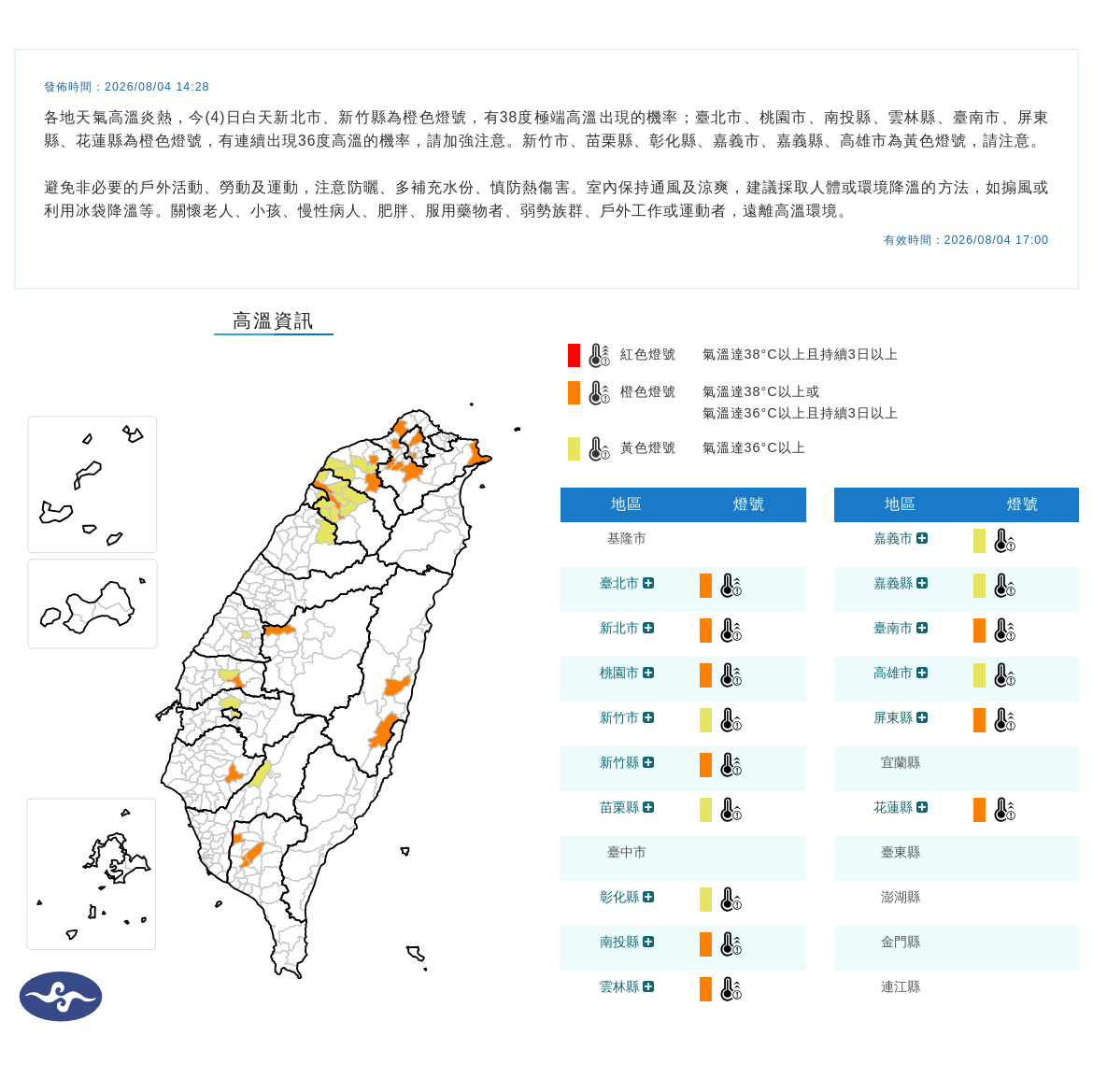 08/04 14:28 發布高溫資訊