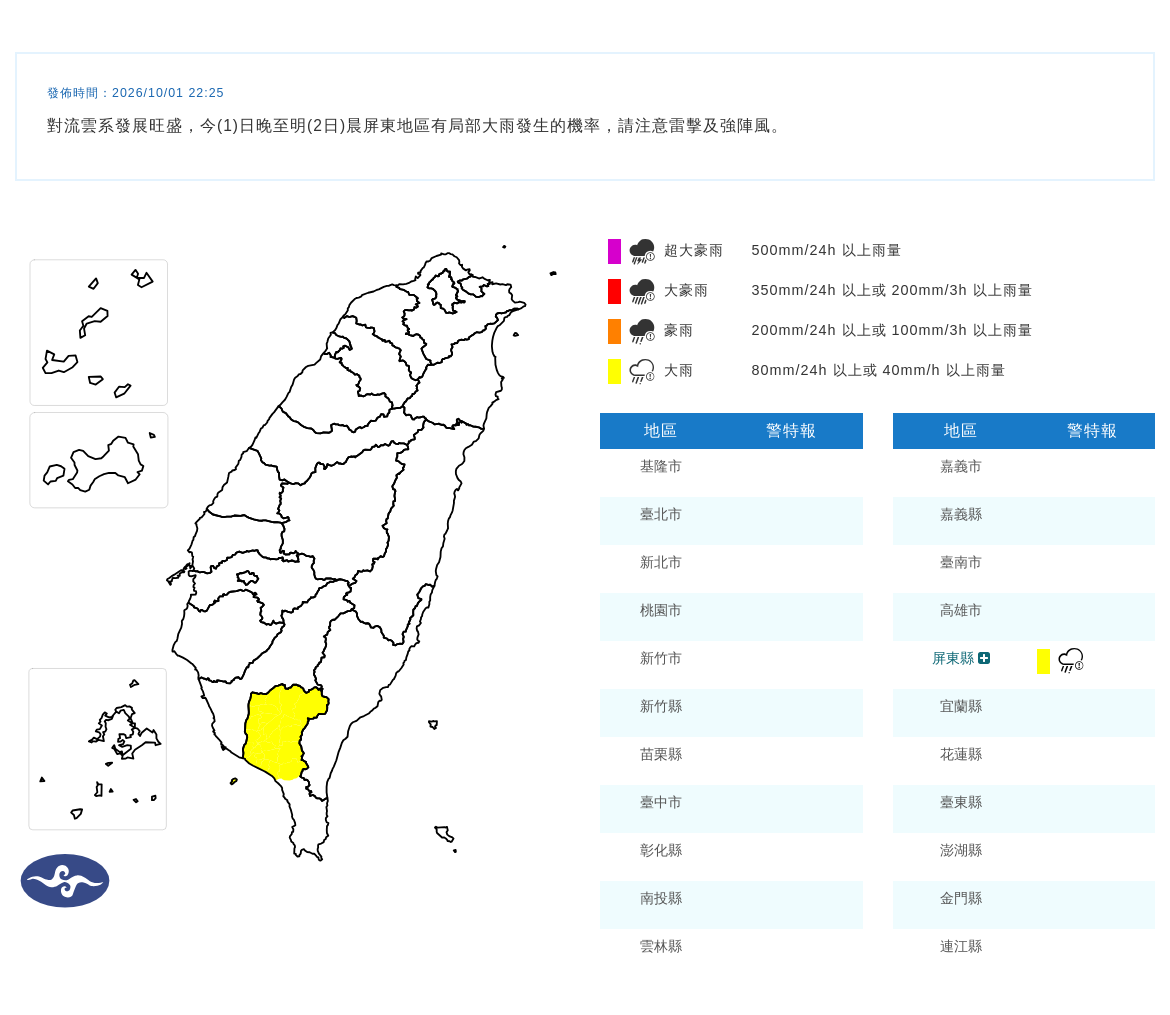 10/01 22:25 發布大雨特報