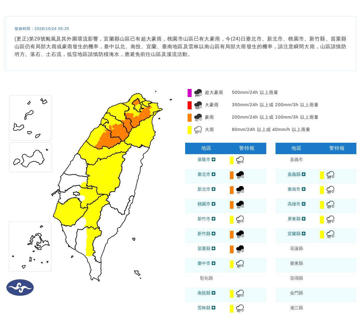 10/24 05:25 發布豪雨特報