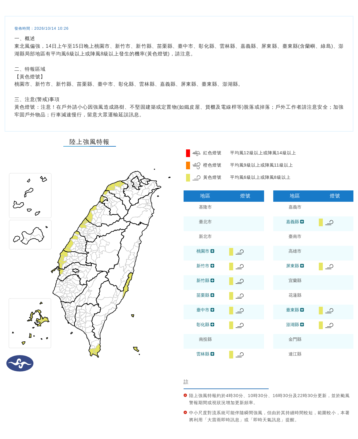 10/14 10:26 發布陸上強風特報