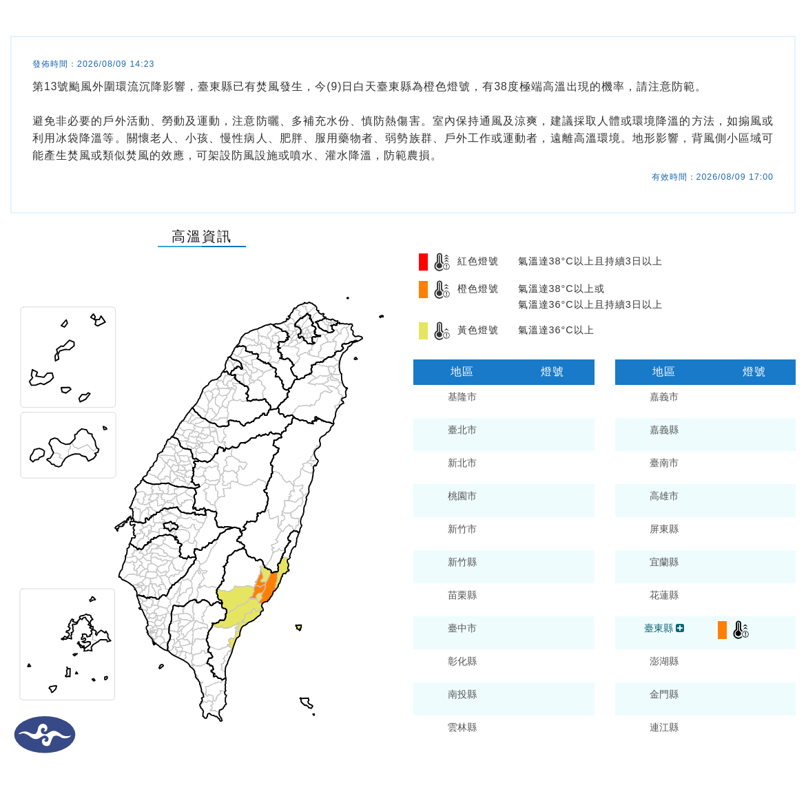 08/09 14:23 發布高溫資訊