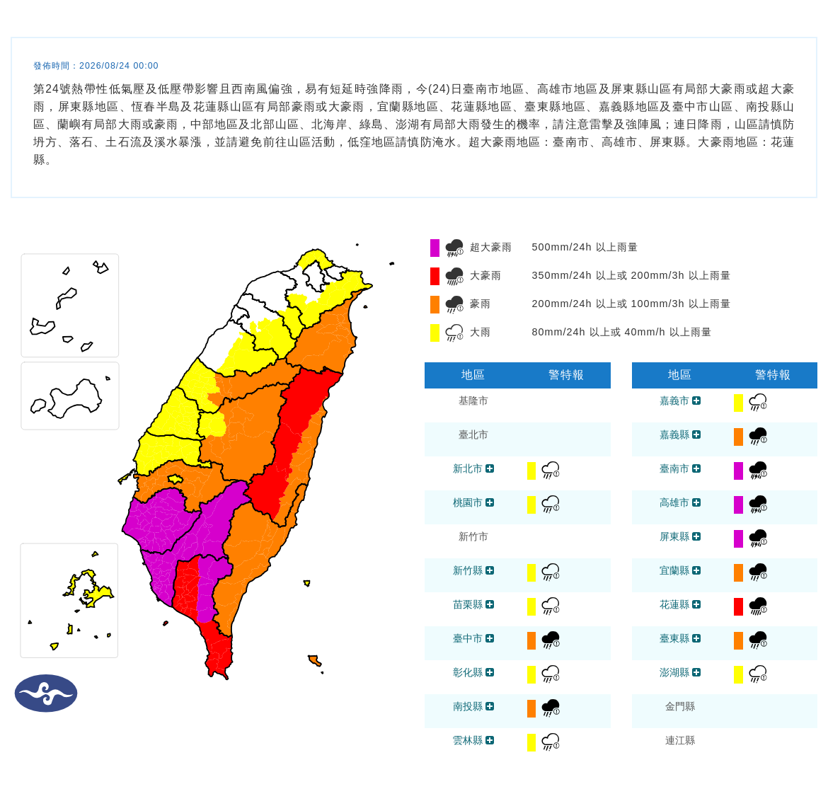 08/24 00:00 發布豪雨特報