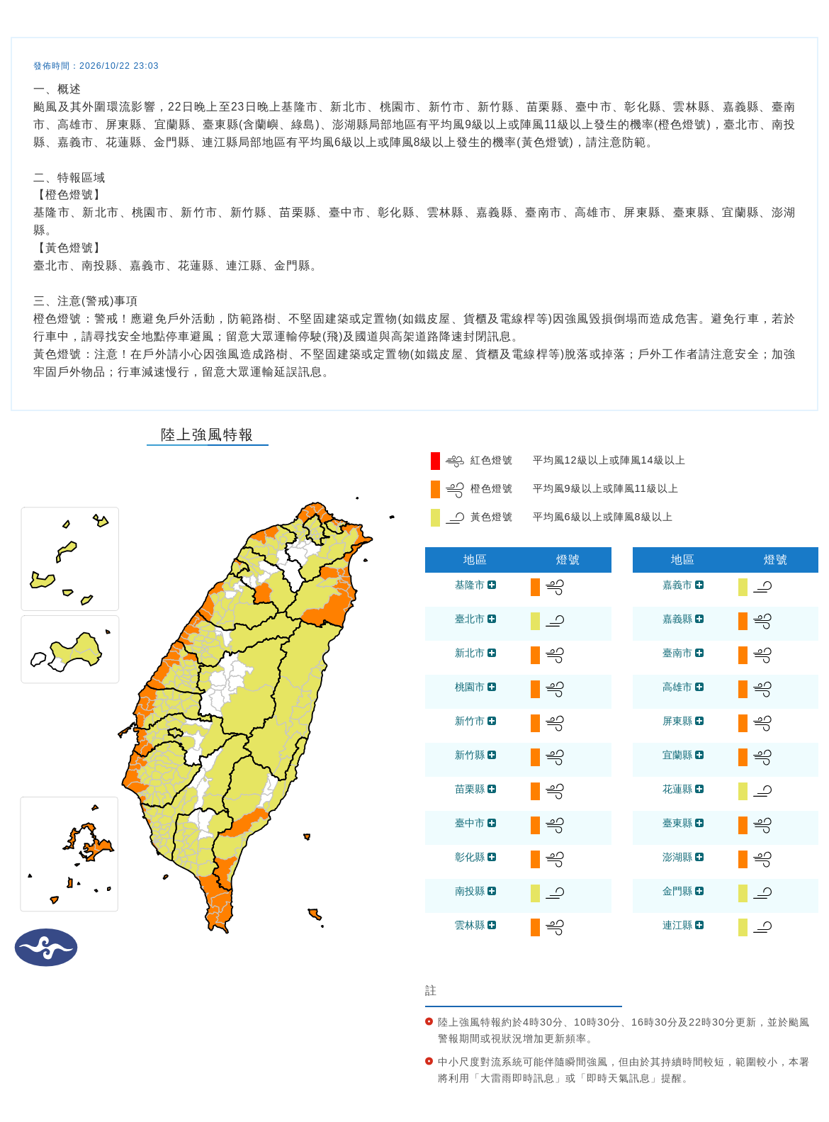 10/22 23:03 發布陸上強風特報
