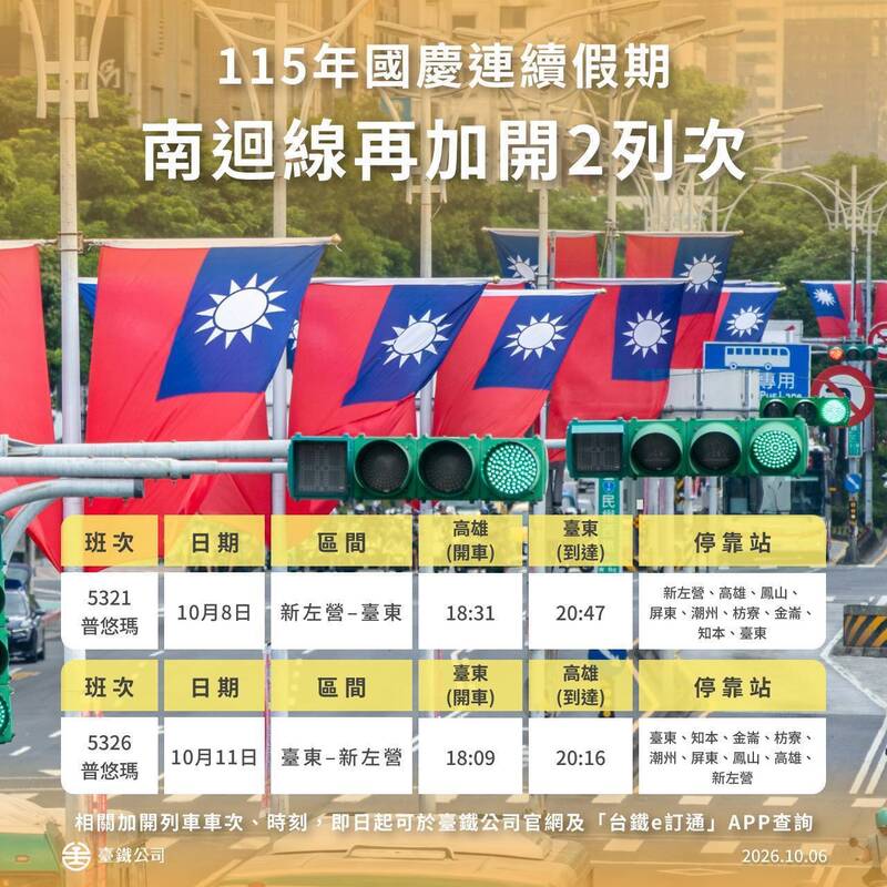 台鐵國慶連假加開南迴線普悠瑪班次 10/7零時訂票
