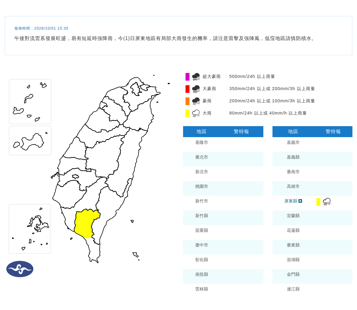 10/01 15:35 發布大雨特報