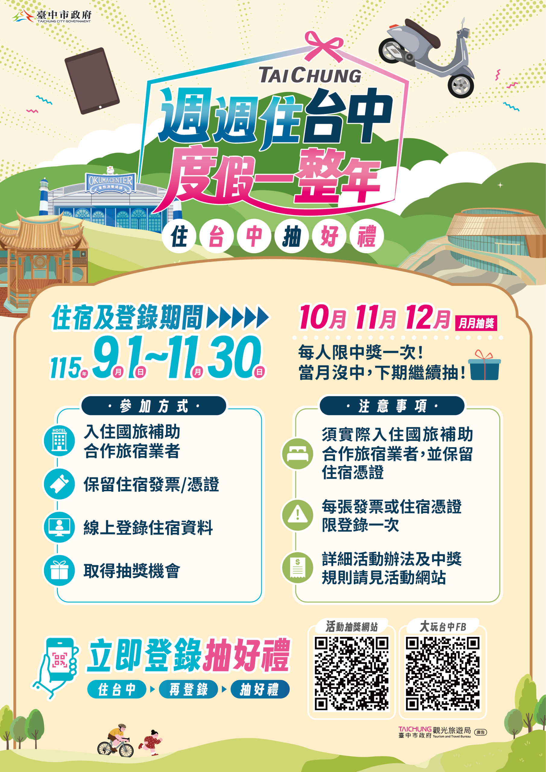 住台中抽52張住宿券、開放登錄中！ 月月再抽電動機車及精選好禮