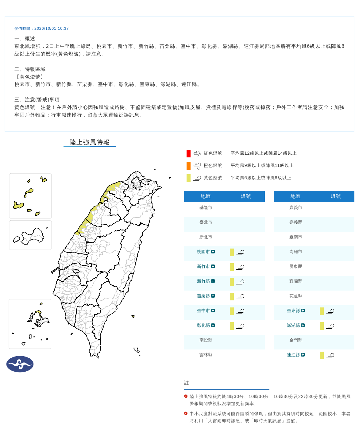 10/01 10:37 發布陸上強風特報
