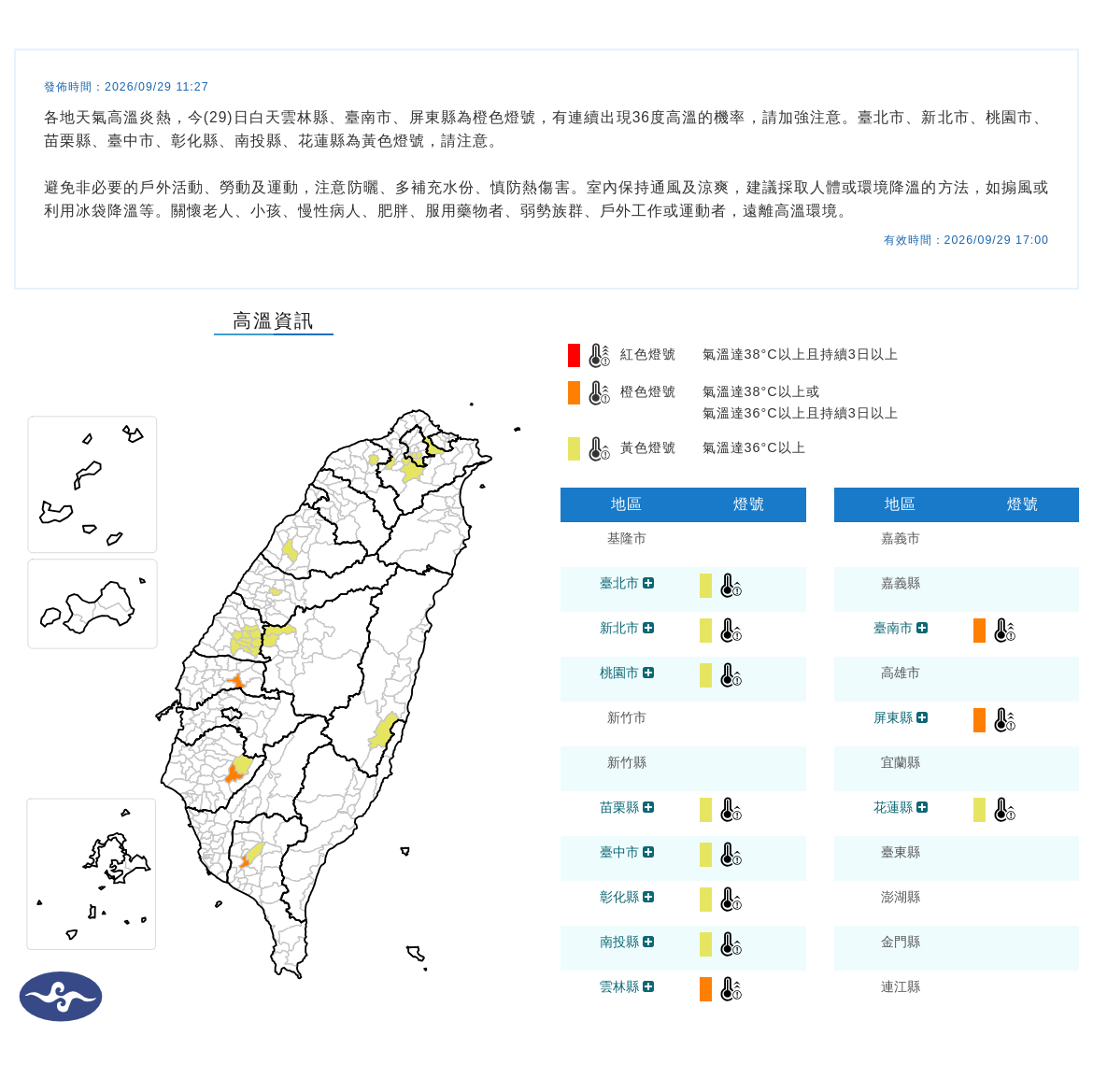 09/29 11:27 發布高溫資訊