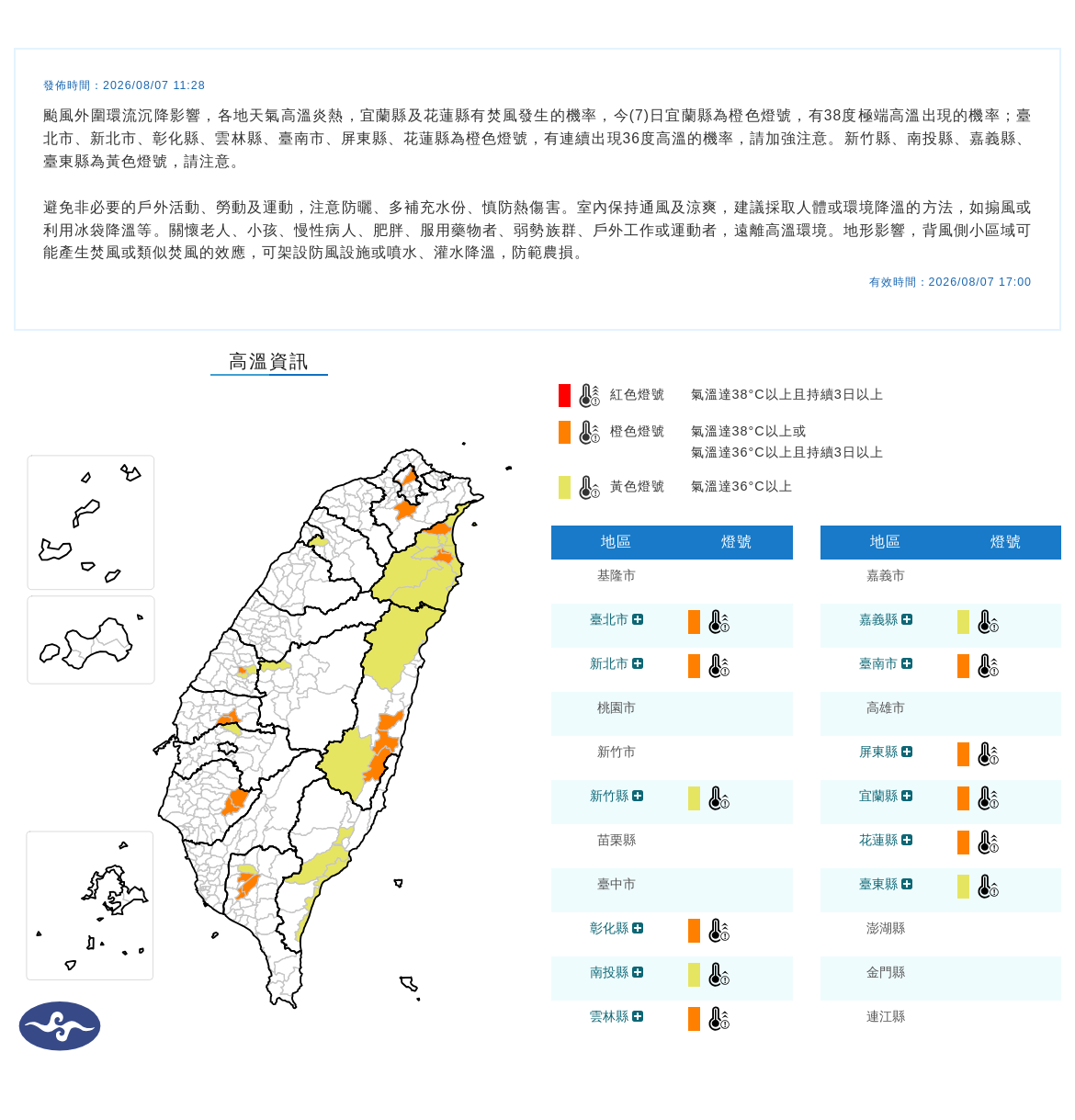 08/07 11:28 發布高溫資訊