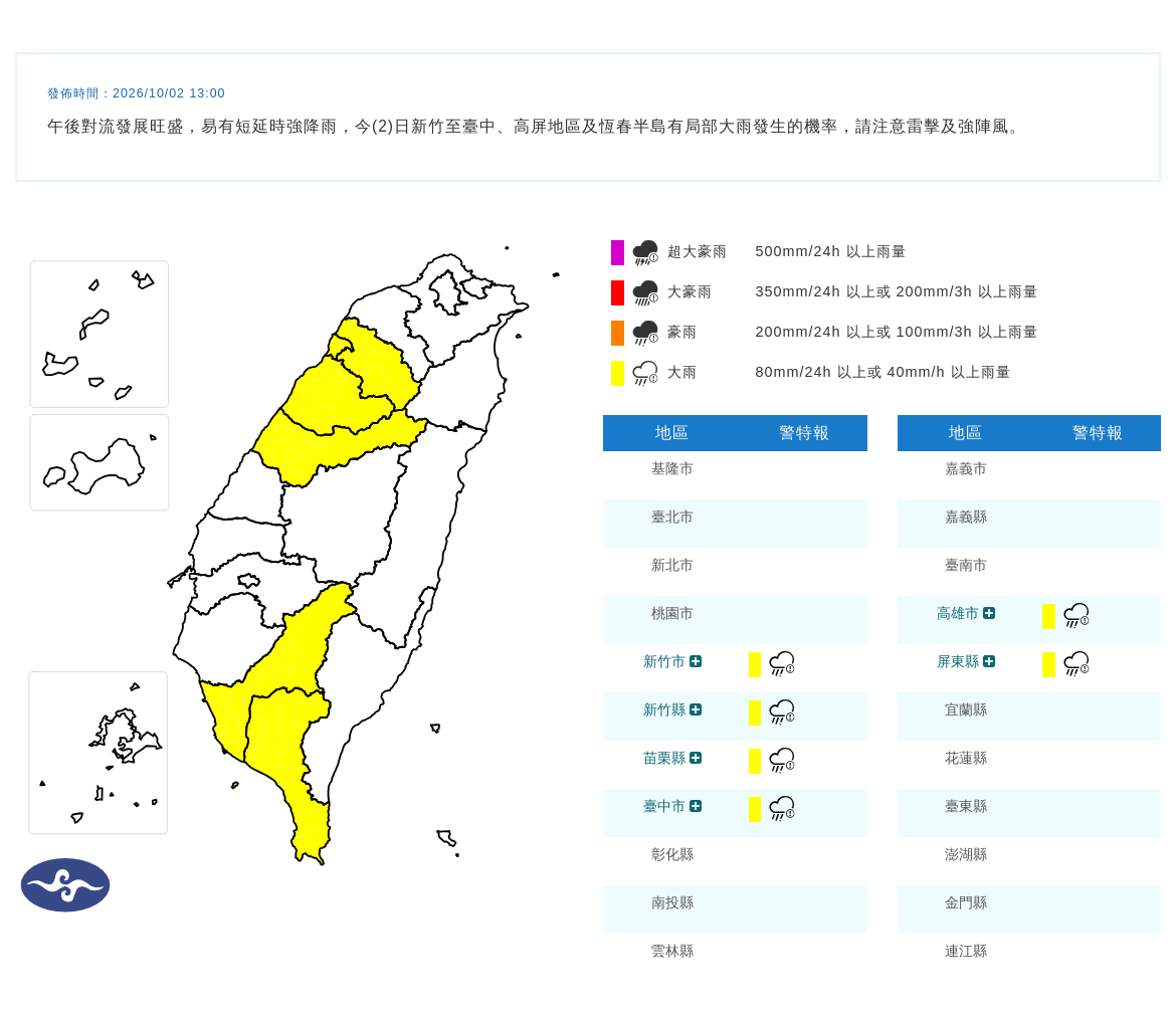 10/02 13:00 發布大雨特報