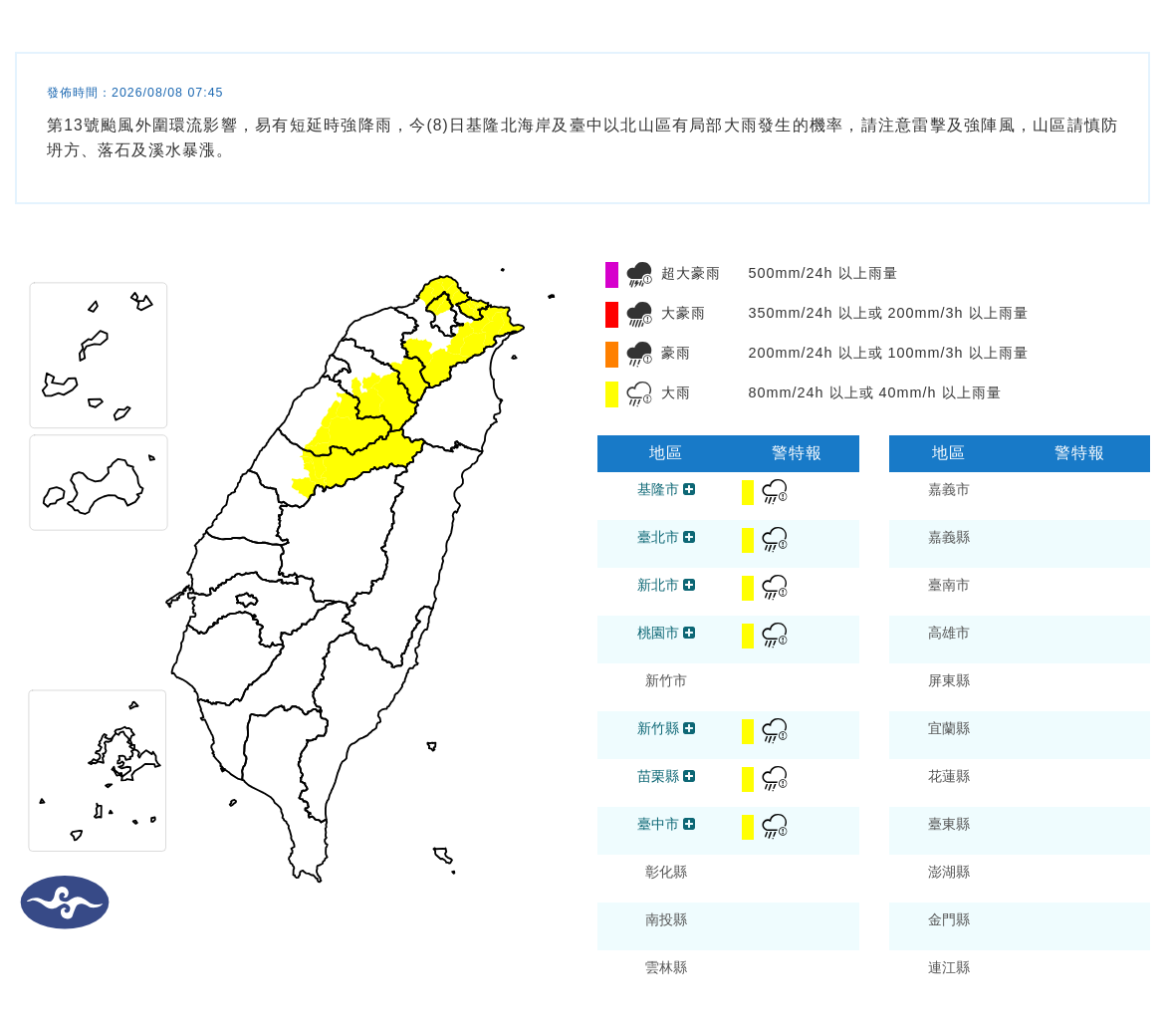 08/08 07:45 發布大雨特報