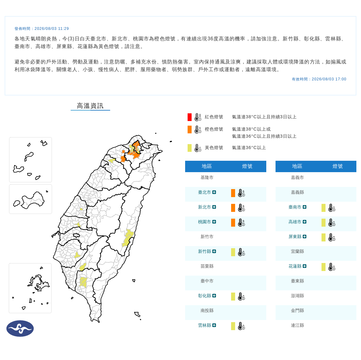 08/03 11:29 發布高溫資訊