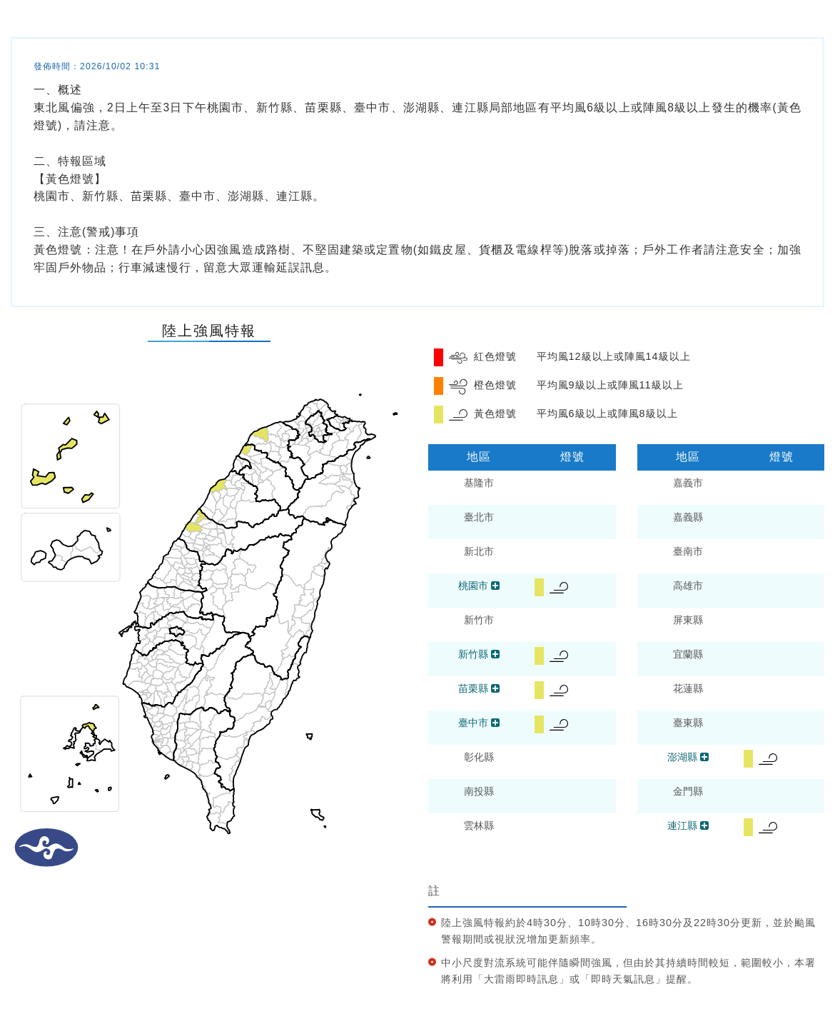10/02 10:31 發布陸上強風特報