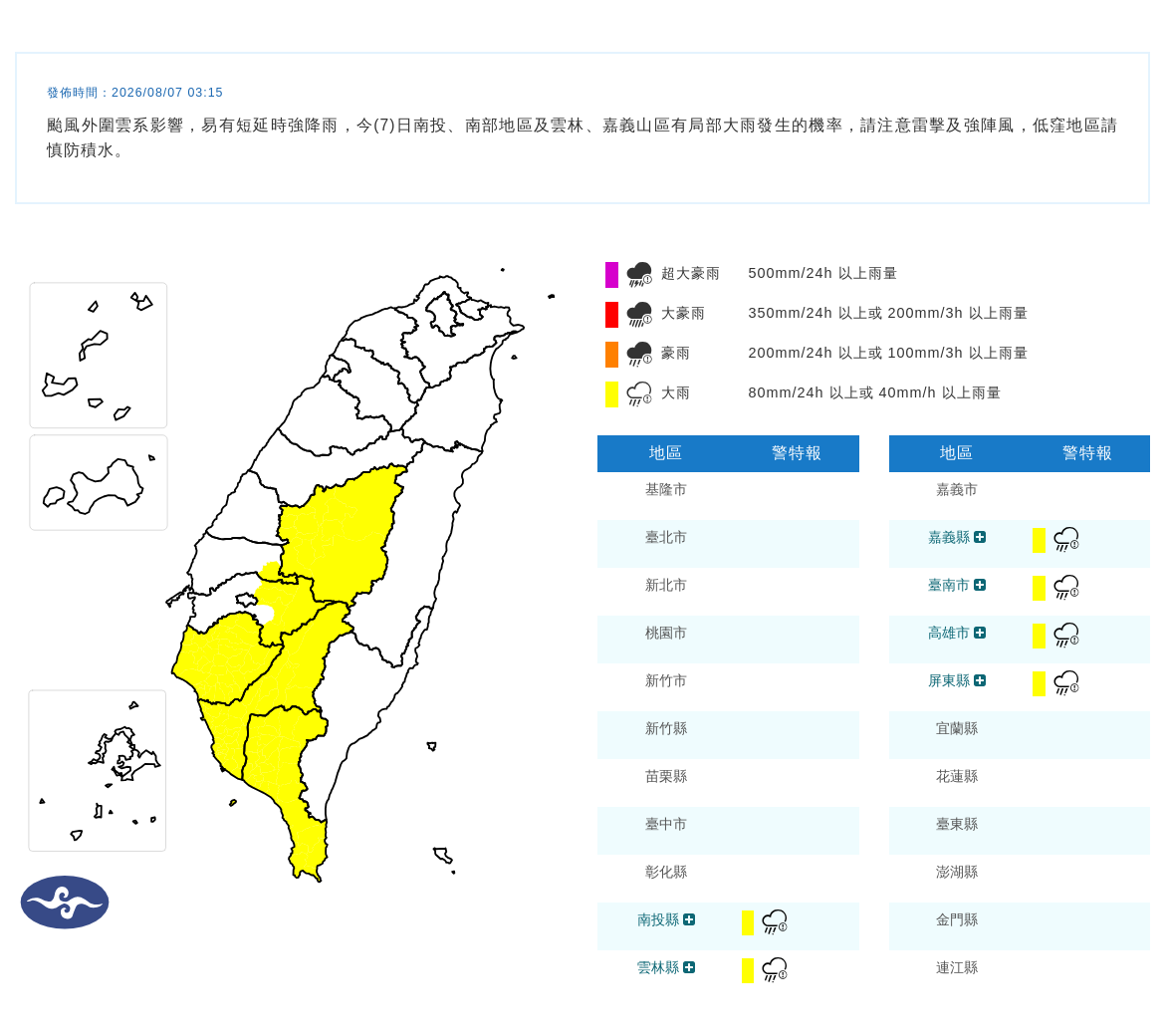 08/07 03:15 發布大雨特報