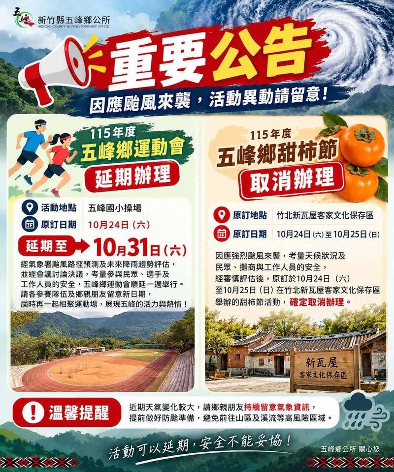 強颱薔琵進逼！五峰鄉運動會延期1週 甜柿節忍痛取消