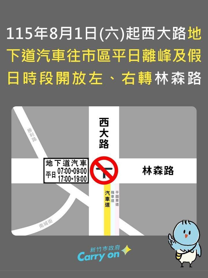 竹市西大路地下道 8/1起假日及離峰開放左、右轉林森路