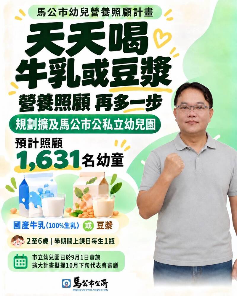 馬公市幼每日試辦餐餐有鮮奶、豆漿  擬擴大照顧公私立幼兒園1631名幼童