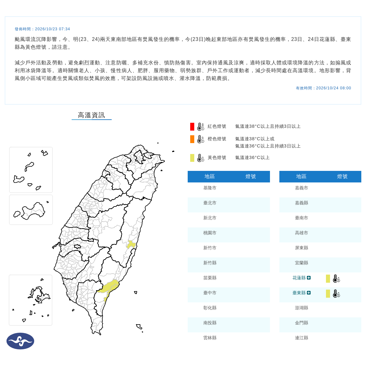 10/23 07:34 發布高溫資訊