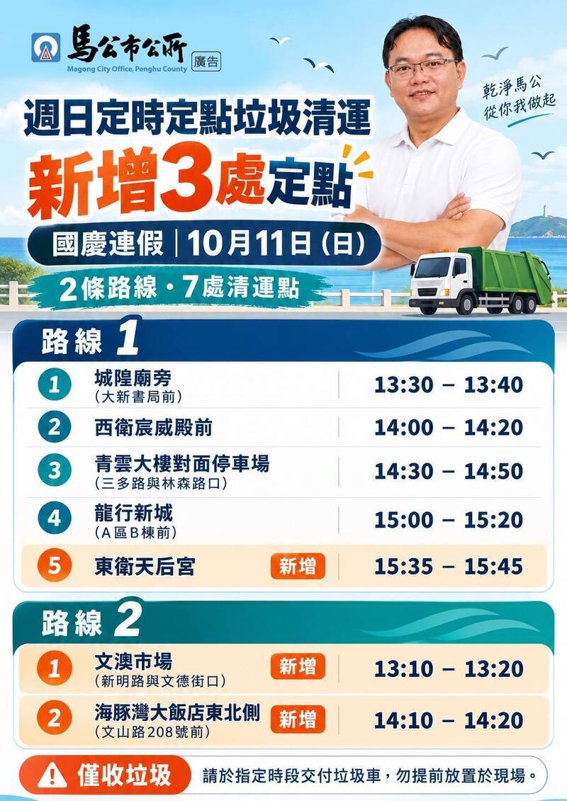 馬公週日垃圾清運增至7處 11日新增東衛、文澳及文山路3定點